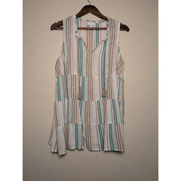 J. Jill Tops - Striped Sleeveless Boho Blouse Tassel Tie Neck Prairie Coastal Petite Medium